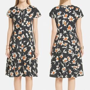 ST. JOHN Silk Floral Mod Print Neck Tie Short Sleeve Midi Dress Black 10 NWT